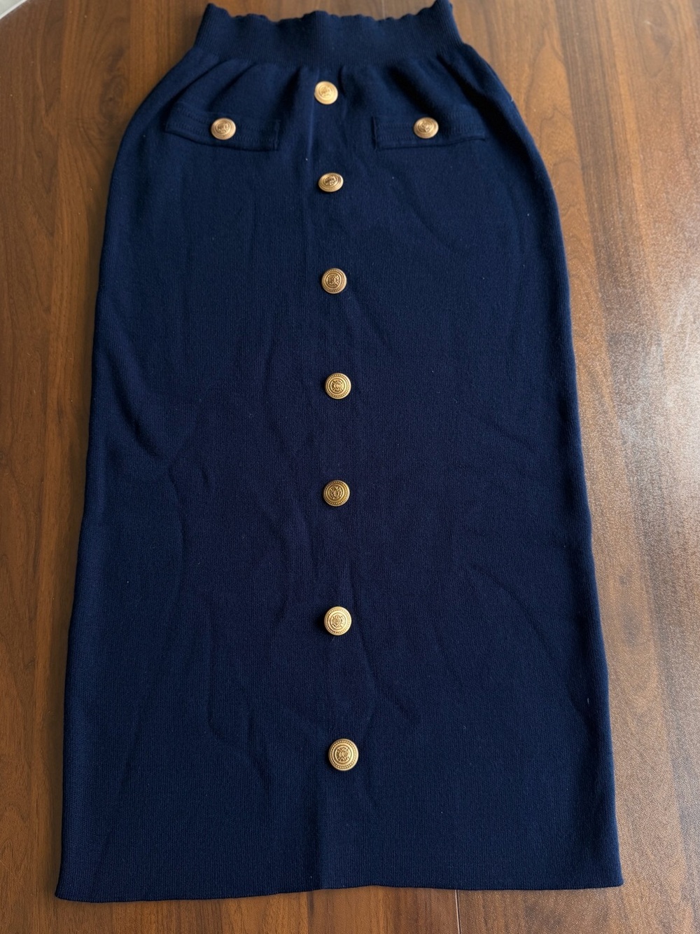 Navy Button-Front Knit Midi Skirt